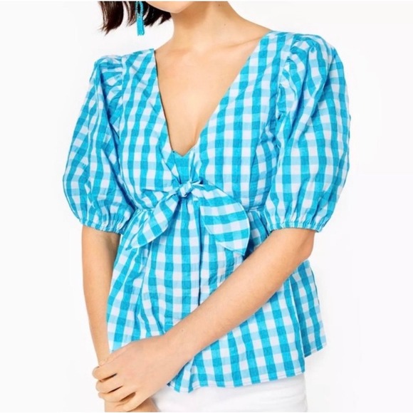 Lilly Pulitzer Sarafina Top Womens 2 Turquoise Gingham Puff Sleeve Smocked NWT - Picture 2 of 9